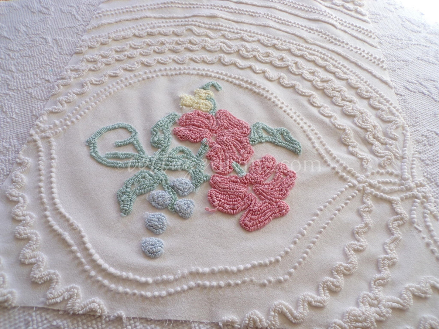 Romantic Cottage Chic Lily Vintage Chenille Quilt Fabric Piece, 19" x 26" inches, Pretty in Pillows