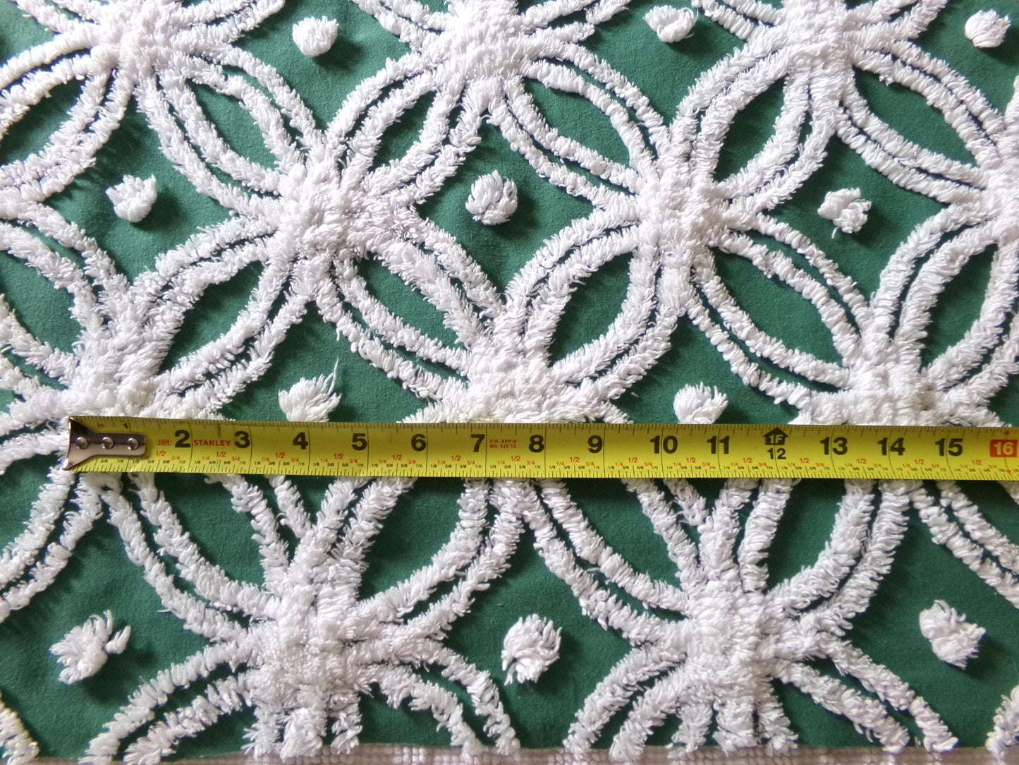 gorgeous green vintage chenille fabric, tufted white wedding rings, fluffy dots on evergreen, 20"x 27" inch piece of quilt & sewing material
