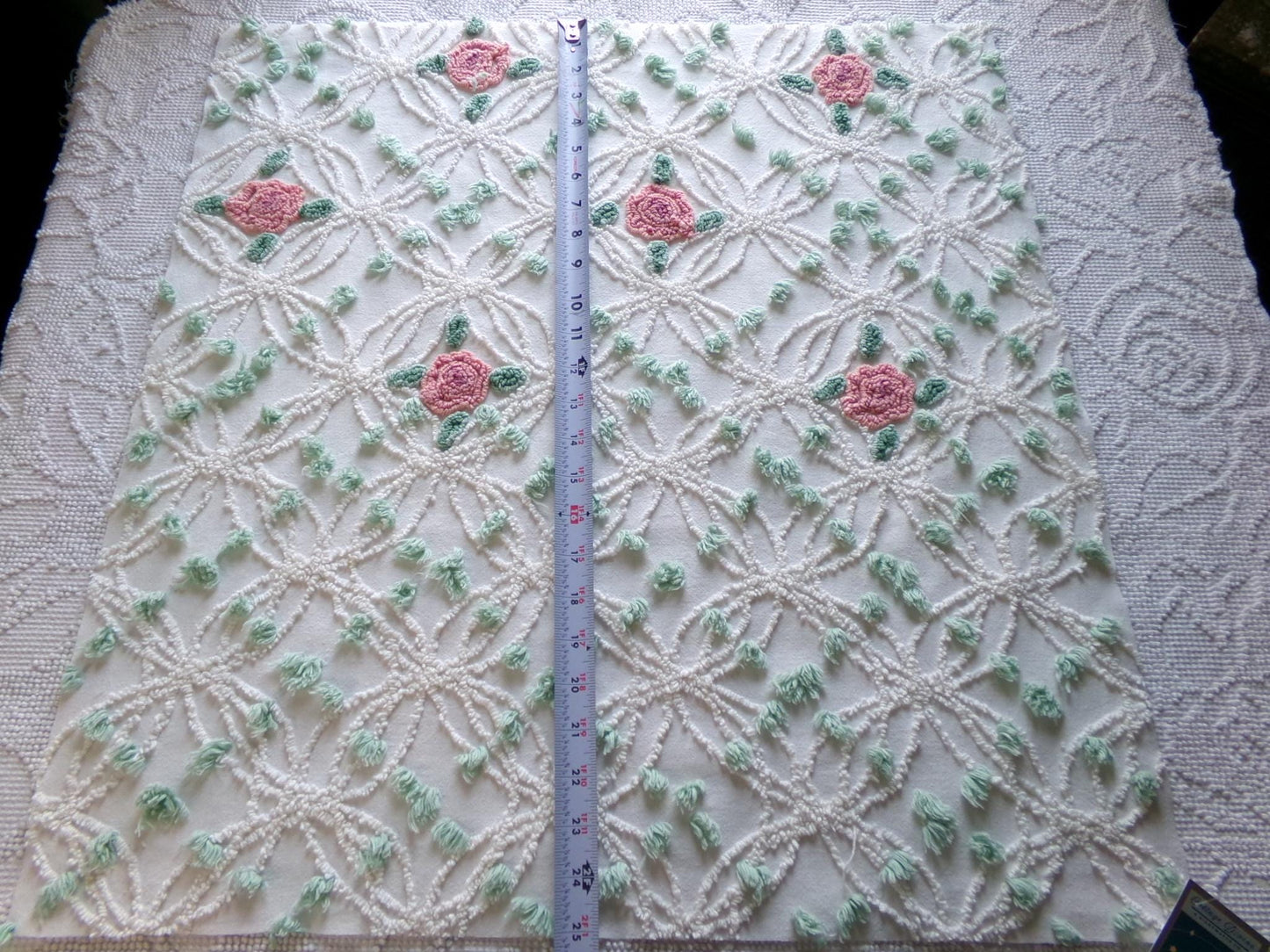 Cottage Life Vintage Chenille Fabric, 23" x 25" Piece, Beautiful Pink Roses Nested in White Wedding Rings with Mint Green Pops