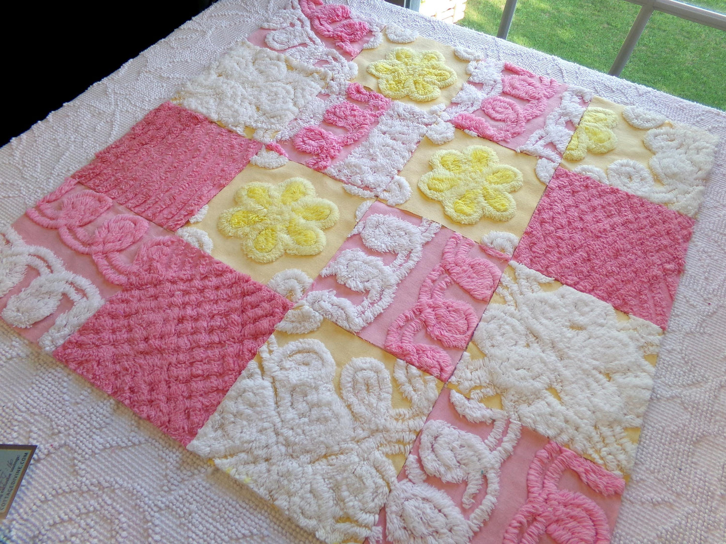 vintage 6" chenille fabric squares, set of 16 pink yellow quilt blocks, sugar & sunshine