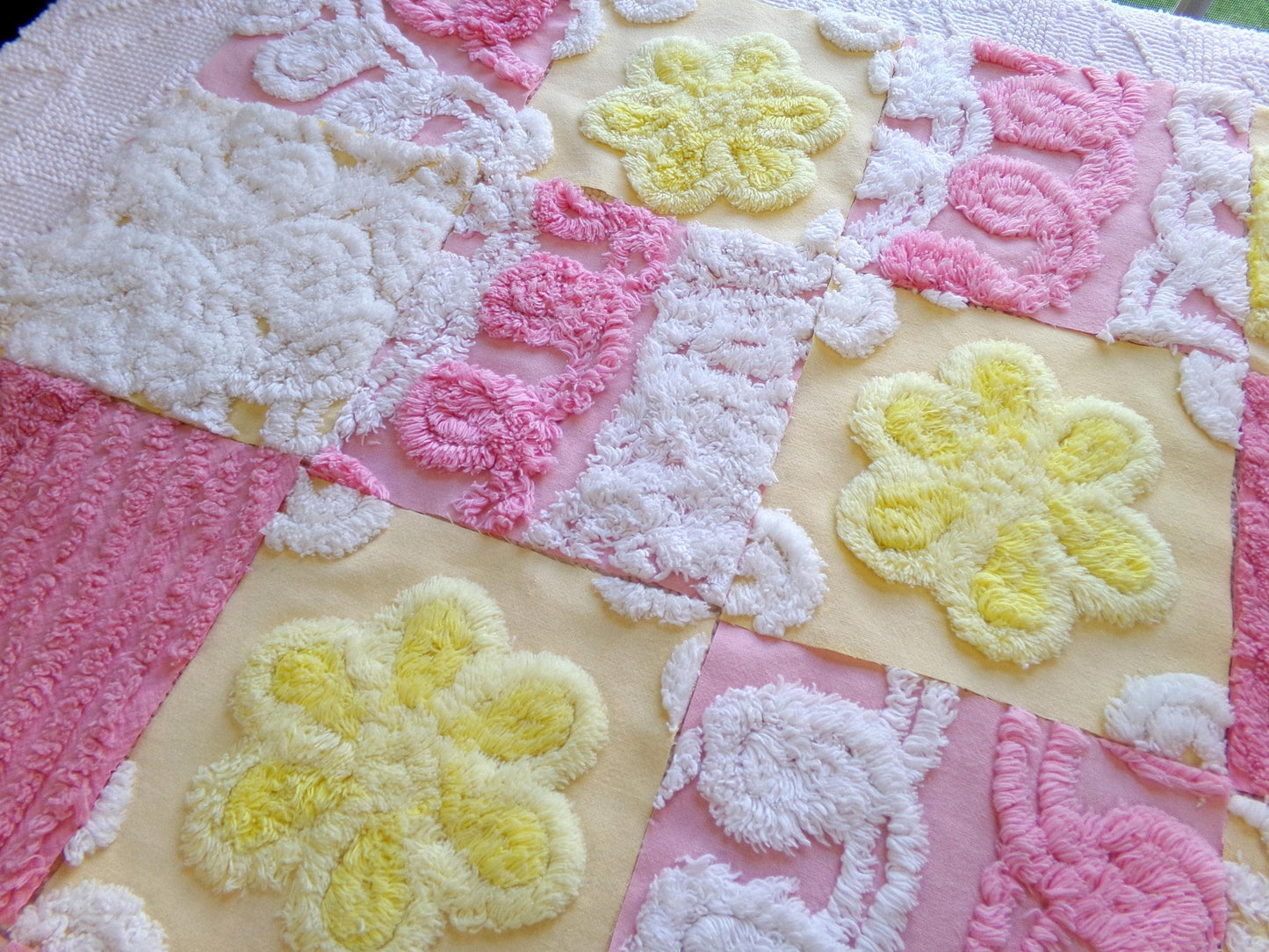 vintage 6" chenille fabric squares, set of 16 pink yellow quilt blocks, sugar & sunshine
