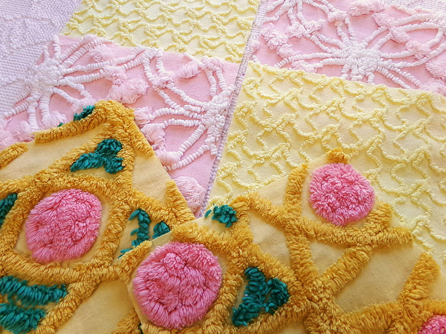 spring sun chenille fabric squares, 7.5" vintage quilt blocks, pink, gold, yellow floral & geometric, set of 6 for sewing, crafts, quilting