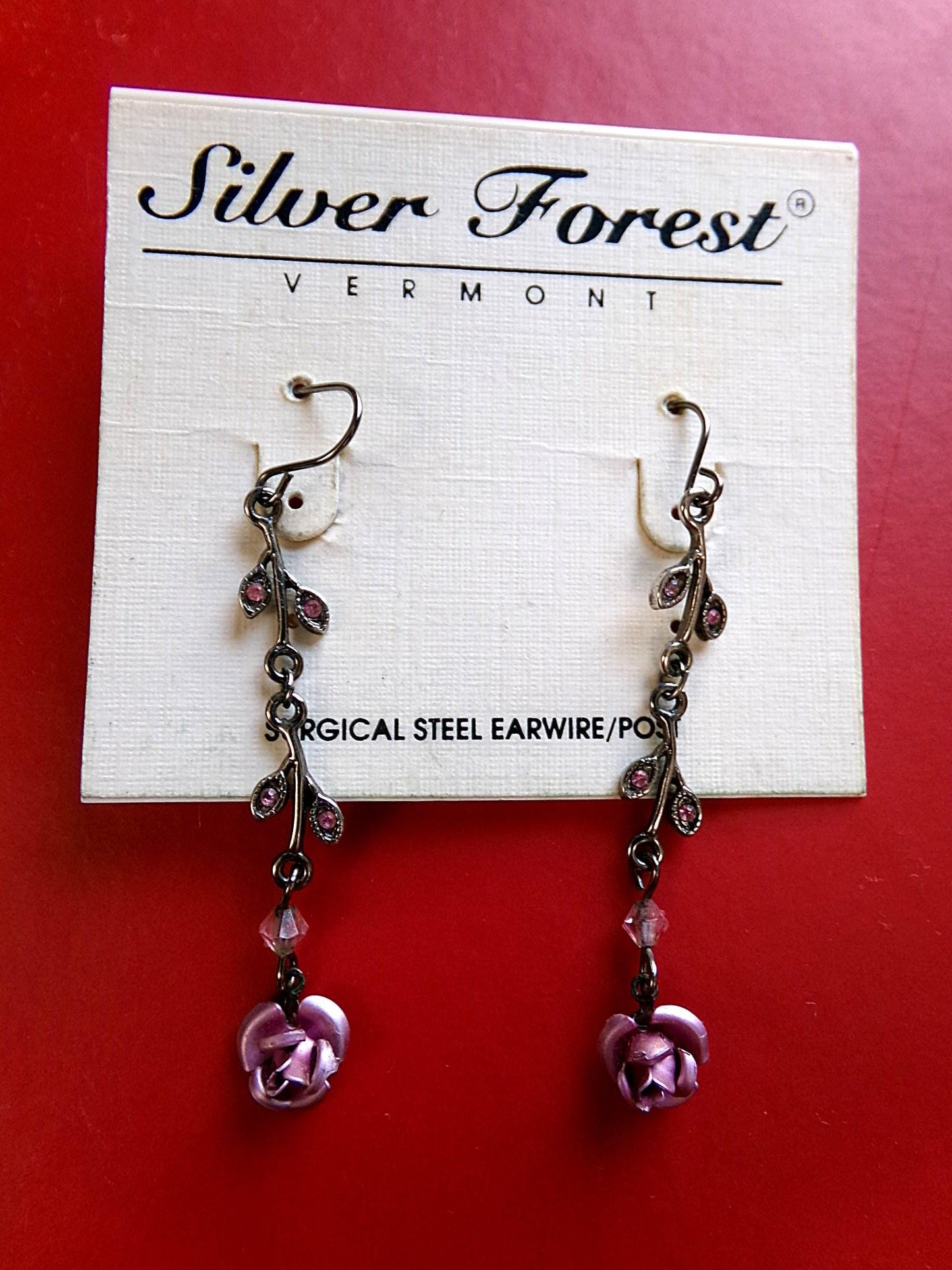 Simple Pink Rose Dangle Pierced Earrings, Vintage Silver Forest Boho Style Jewelry, Dainty Floral With Pink Faux Stones in Little Leaves
