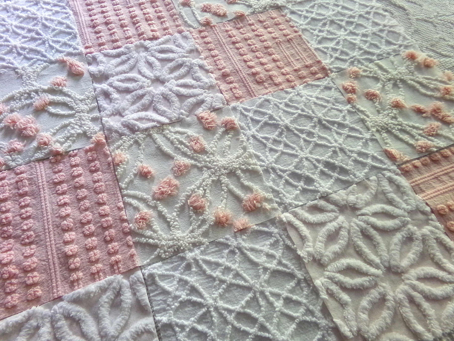 Chenille Fabric Squares Set, "Charmed", 16 Vintage Quilt Blocks, 6" inch in Pinks & White