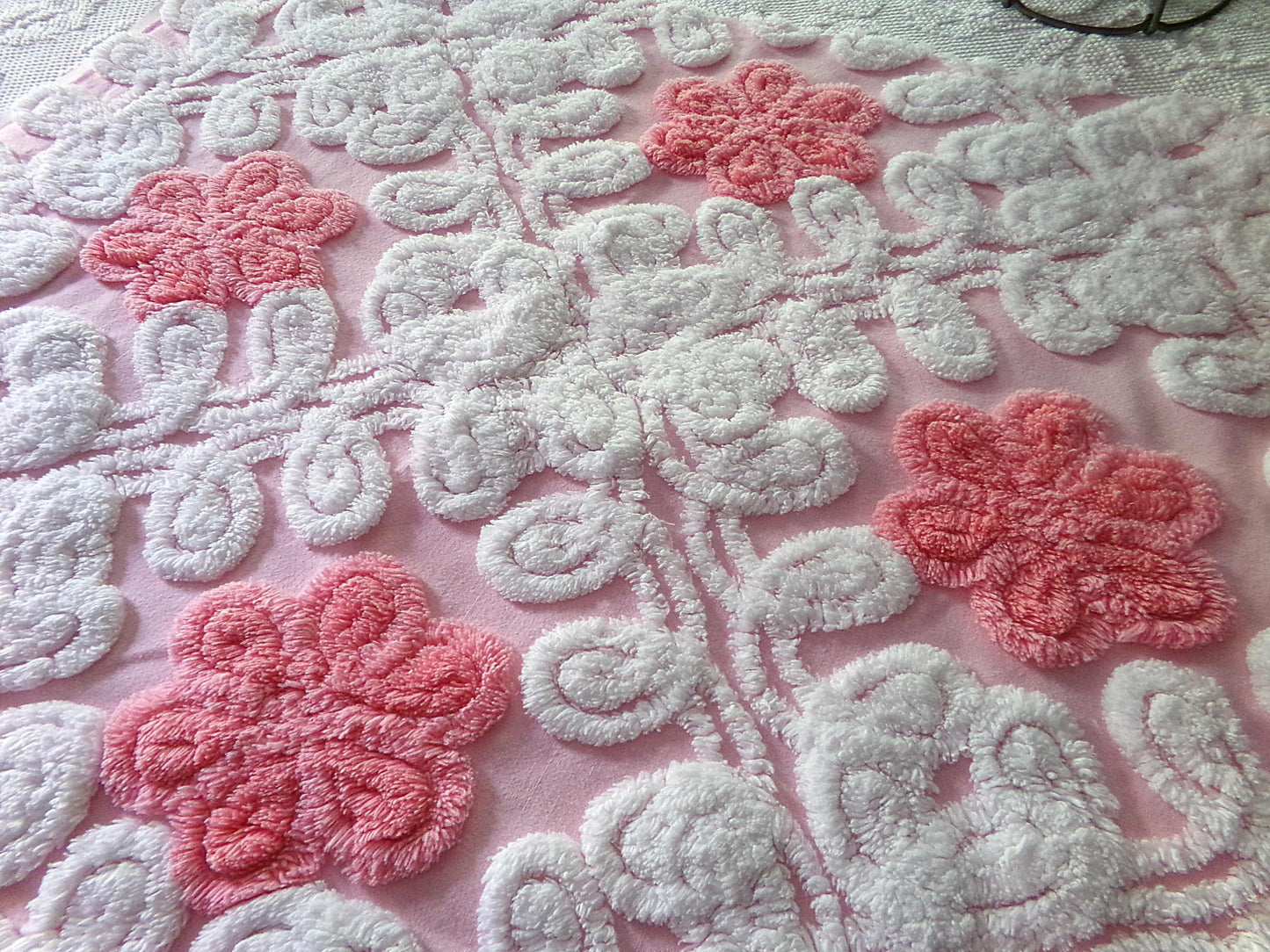 cupcake frosting pink chenille fabric, plush floral curlicue swirls, 22" x 25" inch piece of vintage material for sewing pillows & quilts