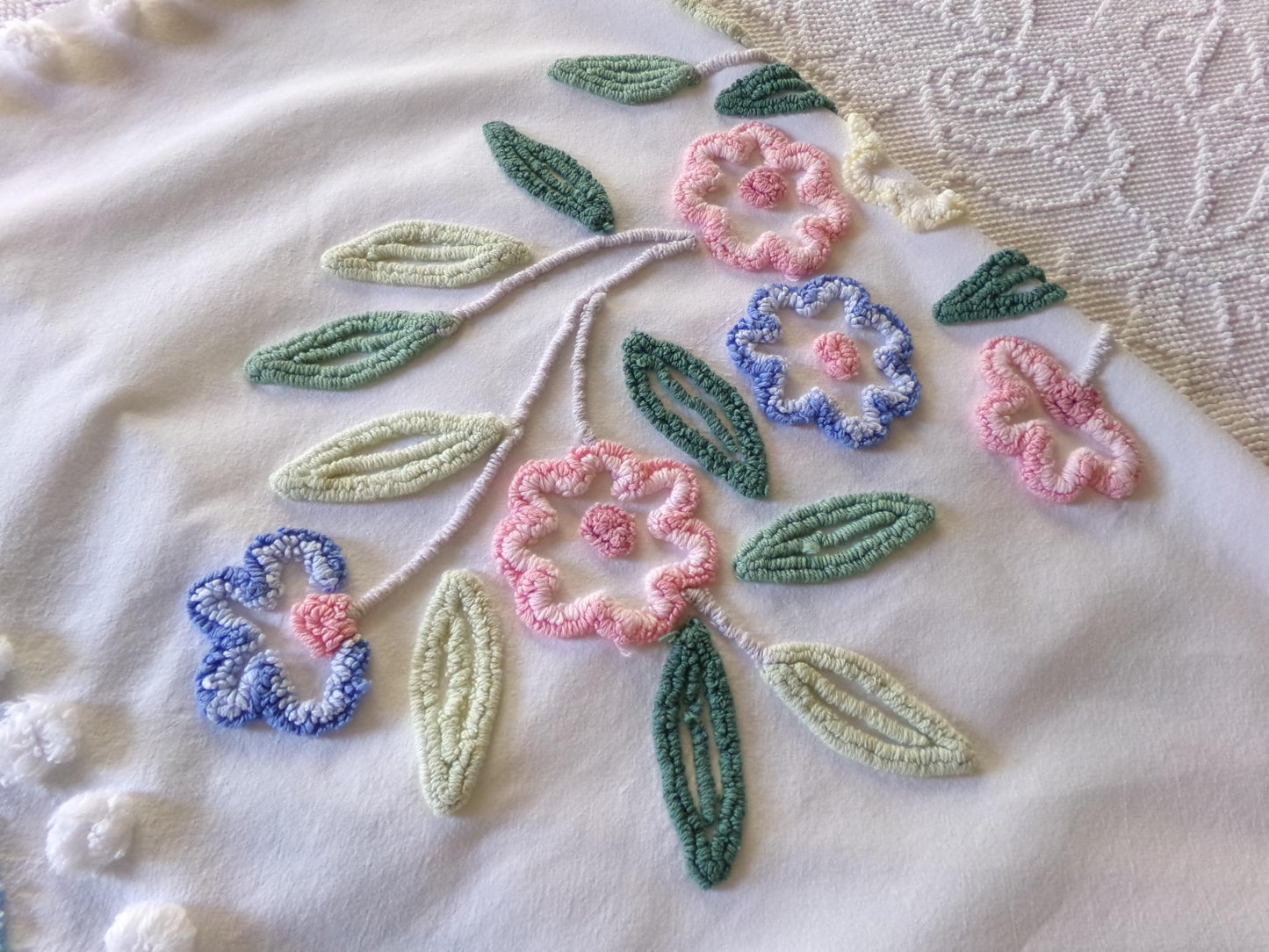 cottage style shabby pink & blue florals vintage chenille fabric, large 24" x 35" inch piece, so pretty for a pillow