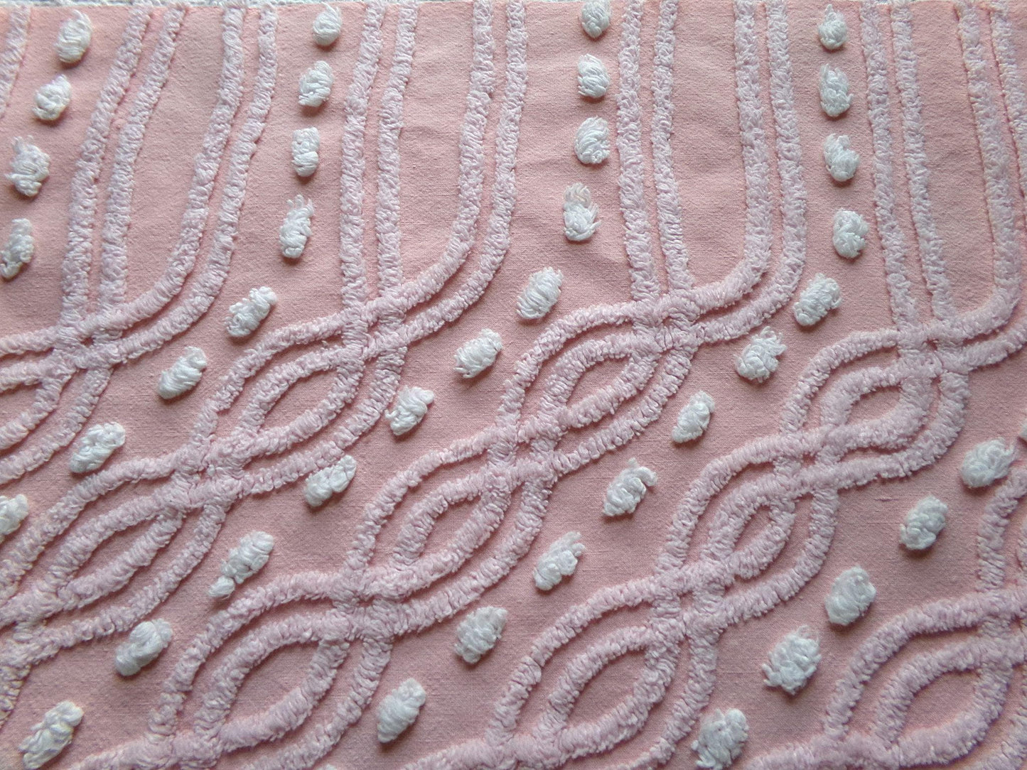 wandering eternity links vintage pink chenille fabric, contrast white pops, 17" x 25" piece for chenille quilts, pillows, fiber arts