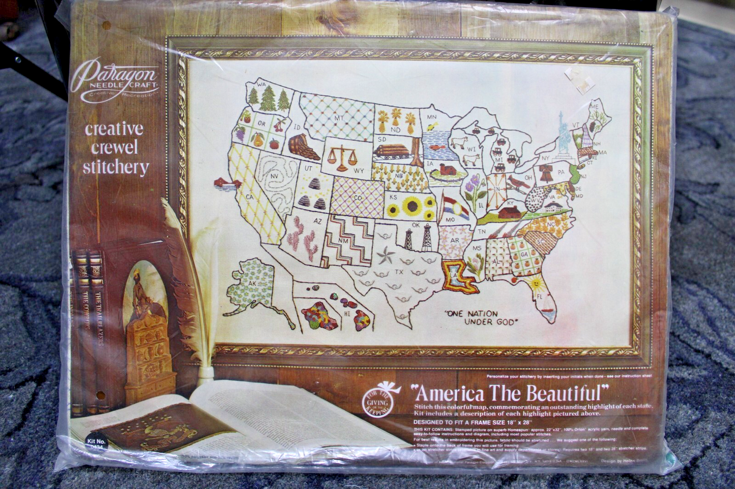 AMERICA THE BEAUTIFUL Vtg Crewel Embroidery Kit USA Map Paragon Stitchery 0434