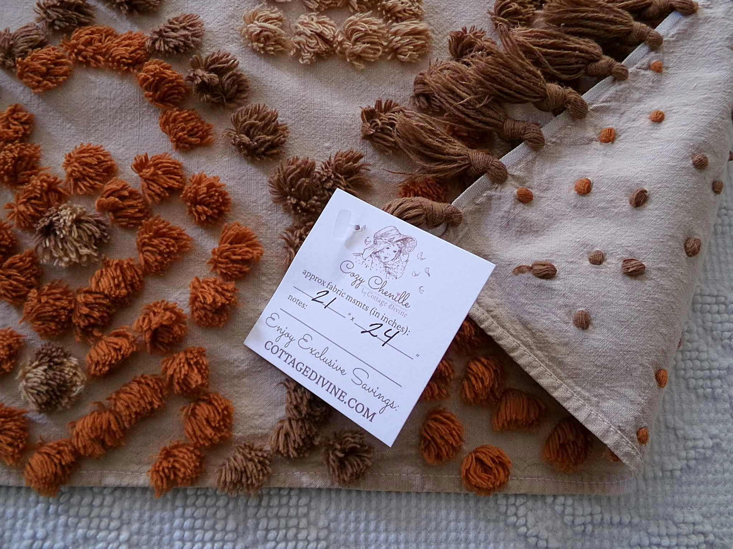 boho vintage chenille fabric, earthtones toasted brown, rust, sunset peach, 21" x 24" cut piece hippie style cotton sewing material