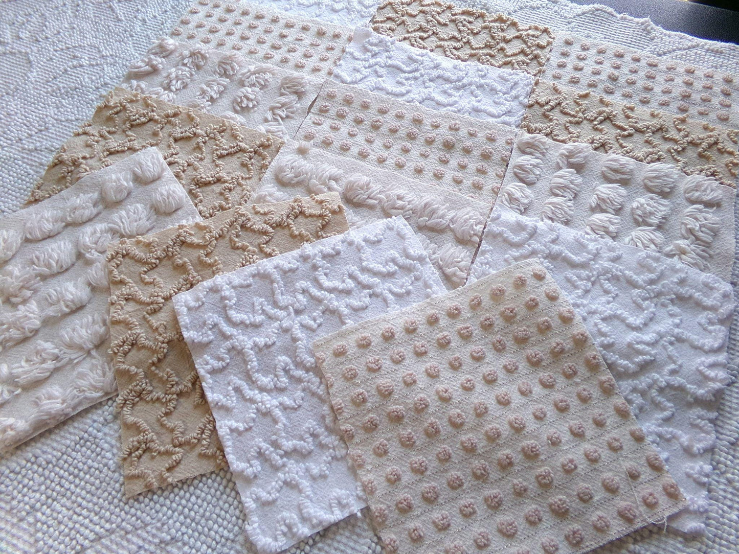 Neutral Modern Mocha & White Chenille Fabric Squares Set, 16 Vintage Quilt Blocks, 6" x 6" inches each, for Quilting, Sewing, DIY Pillows
