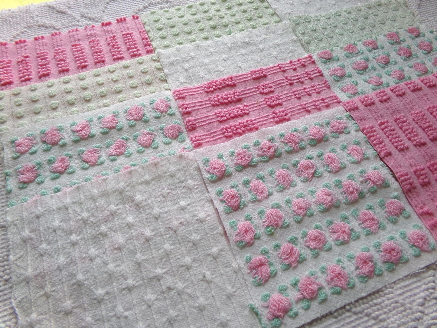 fairytale pink & green chenille fabric squares, set of 12 vintage 6" quilt blocks in crafty girl's dozen, popular squiggles, rosebud, dots