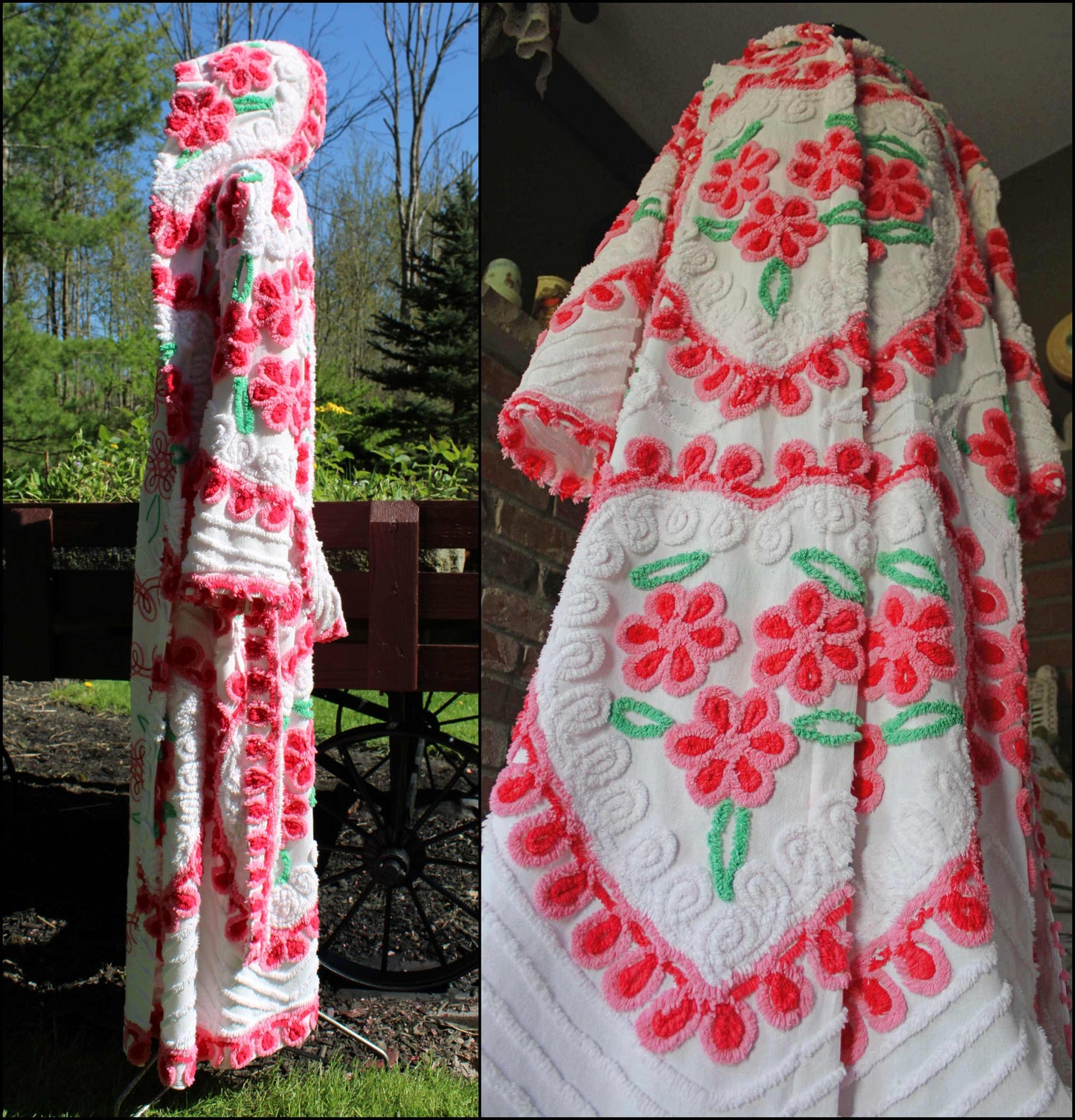 Hooded Chenille Robe in Pink Hearts & Flowers, Cozy Cute Medium / Large Hooded Vintage Style Women's Bathrobe