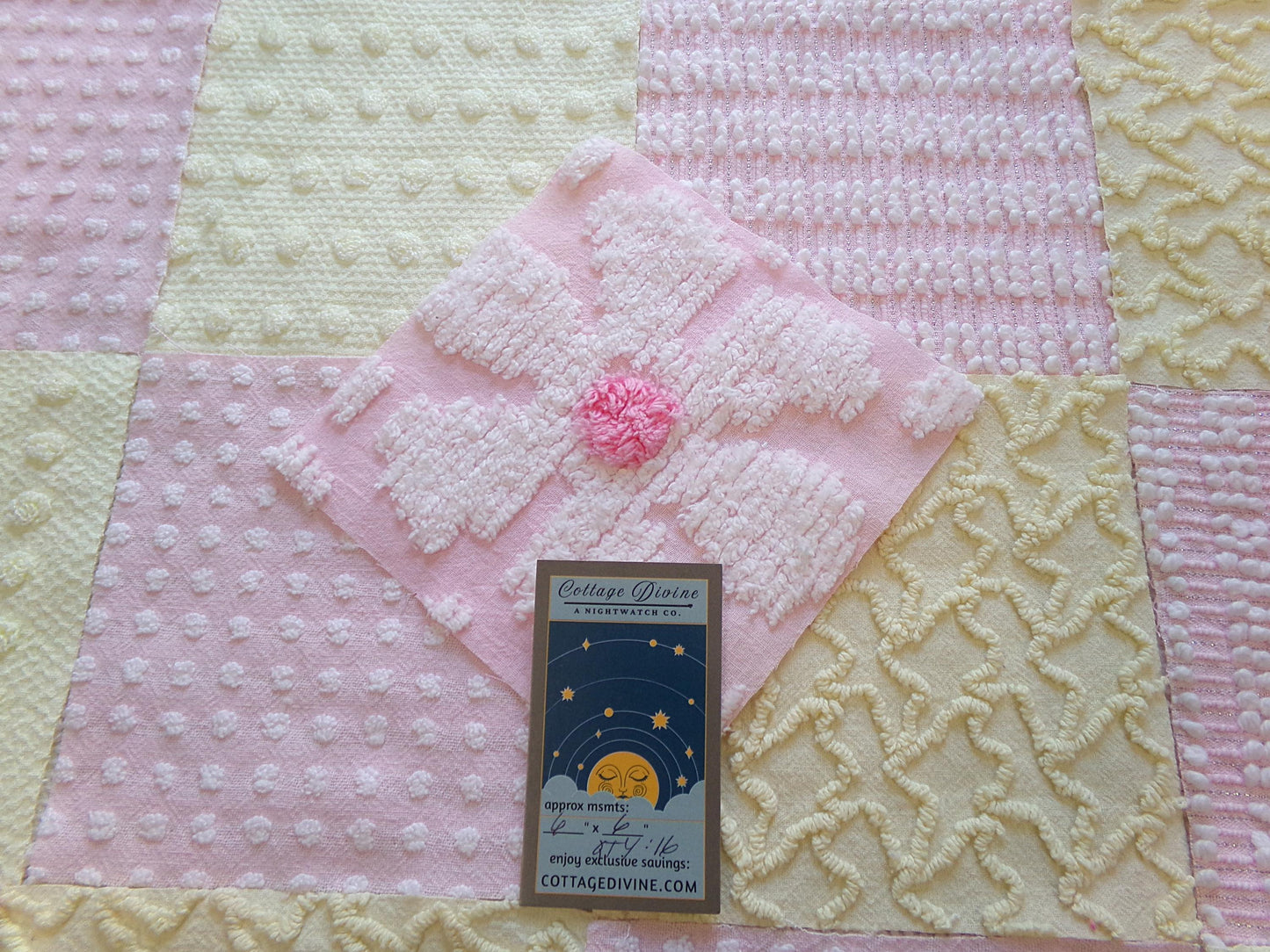 celebrate spring vintage chenille fabric squares, set of 17 pink & yellow 6" blocks for crafts, sewing