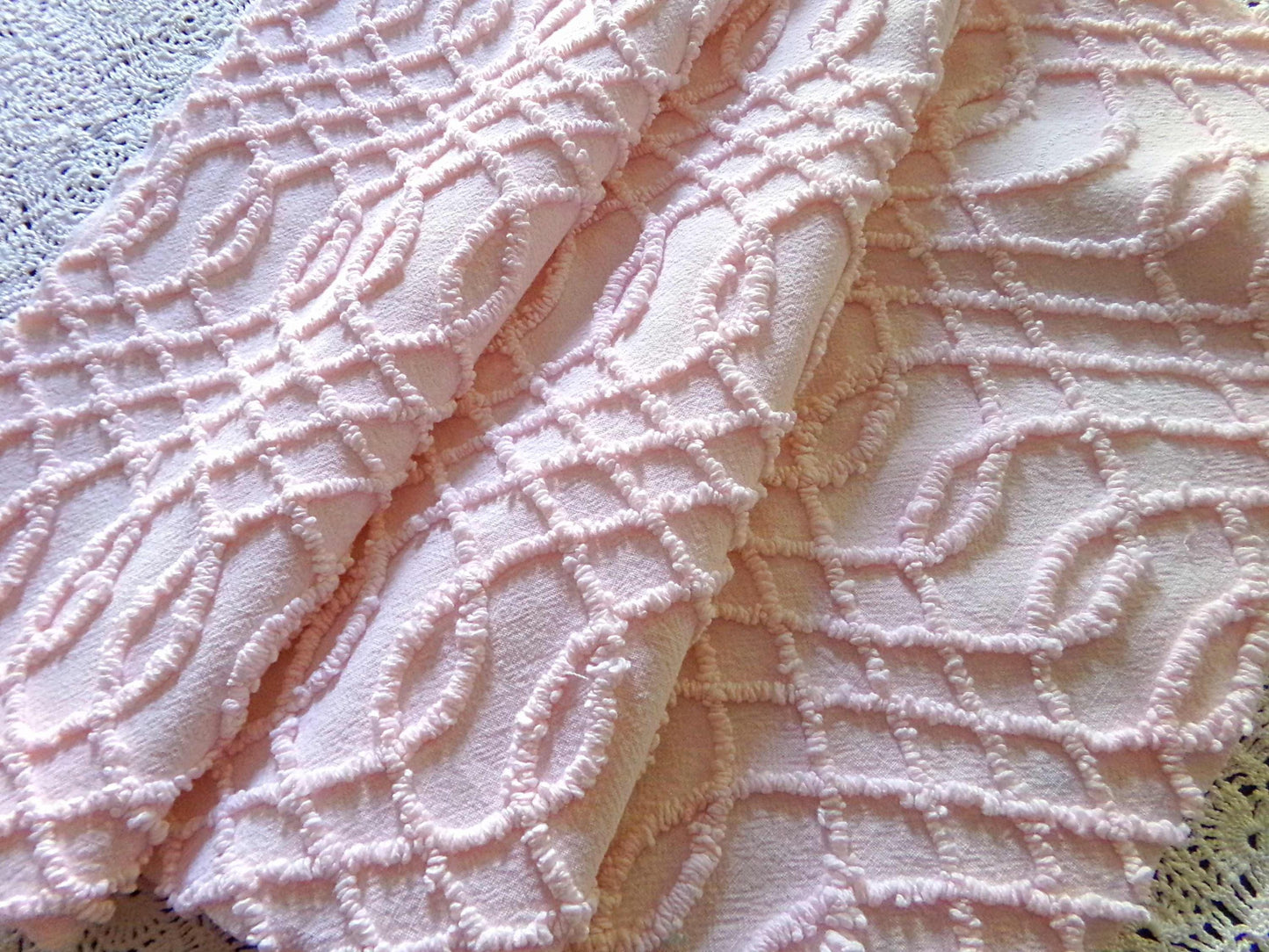 Chic Pink Eternity Links Vintage Chenille Fabric, 18" x 25" inch piece, Delicate Needletuft Design