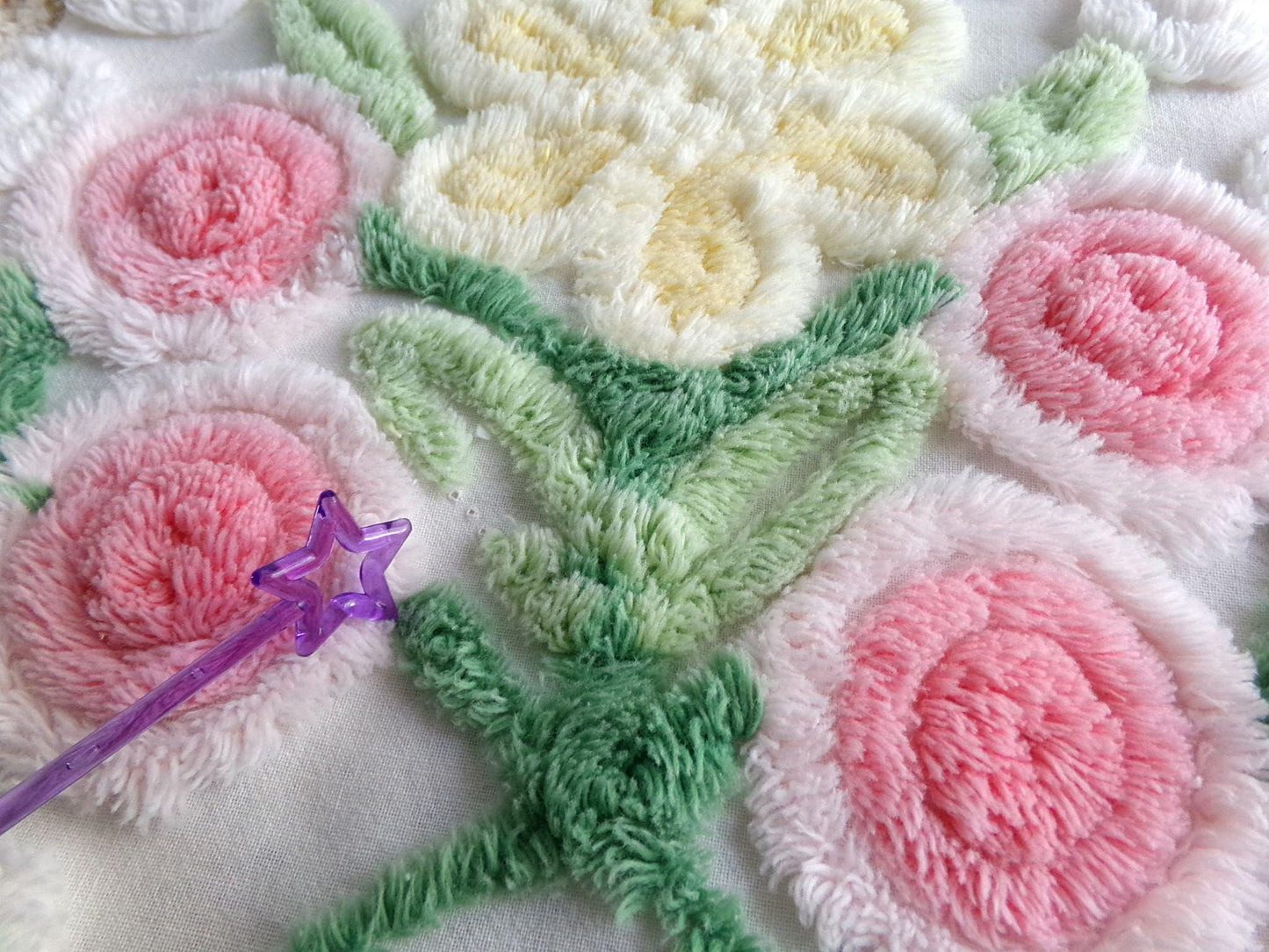 bridal cake vintage chenille fabric, lovely sculpted white curlicues & rosette florals, 20" x 23" inch piece of cotton sewing material