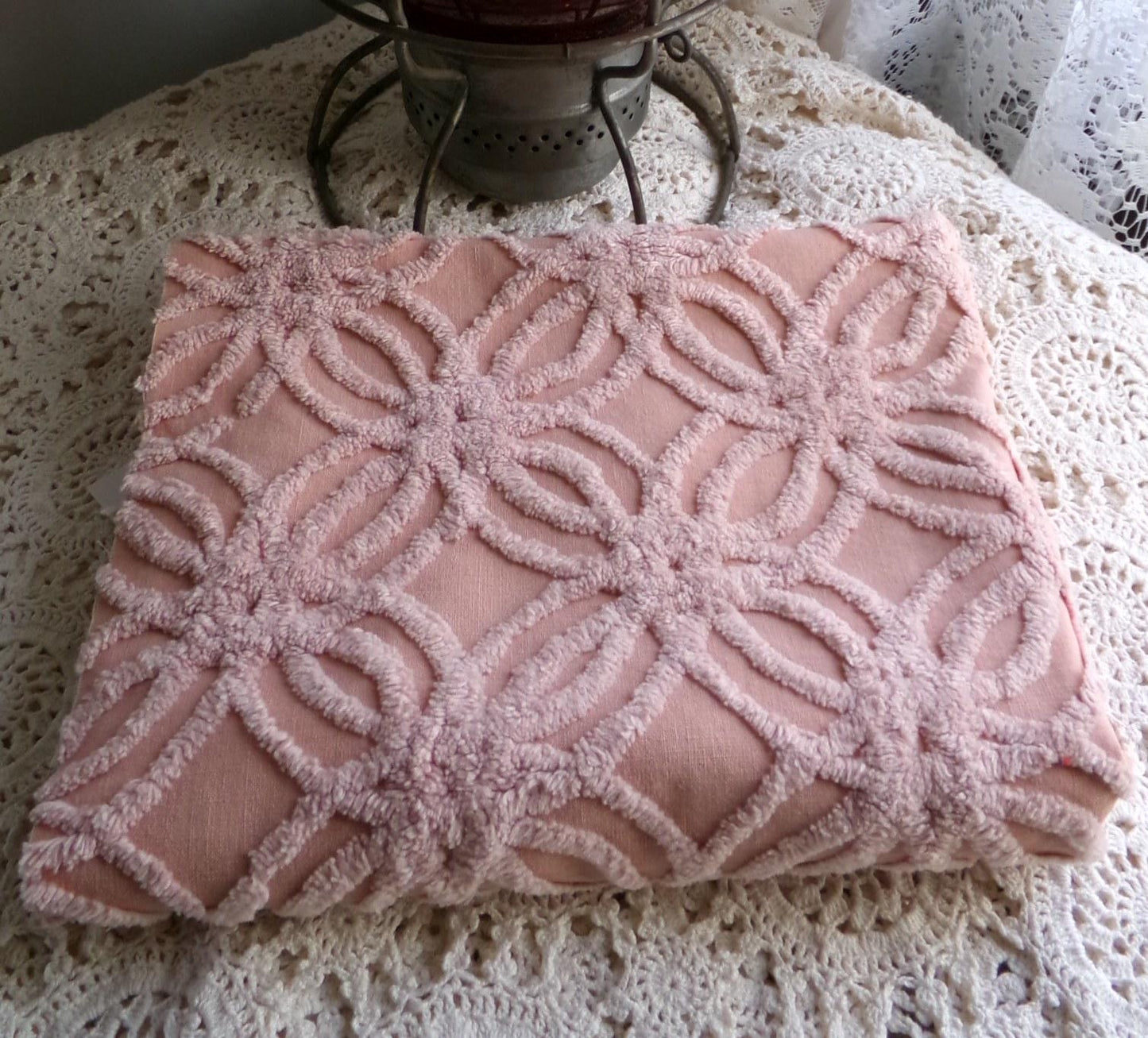 vintage chenille fabric, warm clay mauve geometric wedding ring design, 17" x 28" inch piece for sewing & crafts