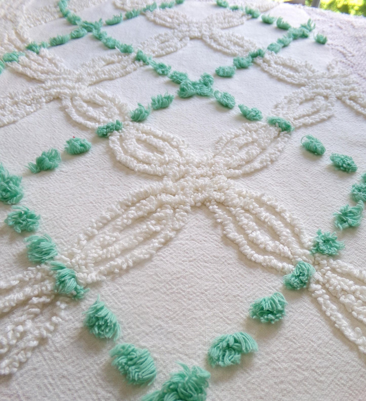 elegant ivory jade vintage chenille fabric, 17" x 26" piece of geometric dot sewing material