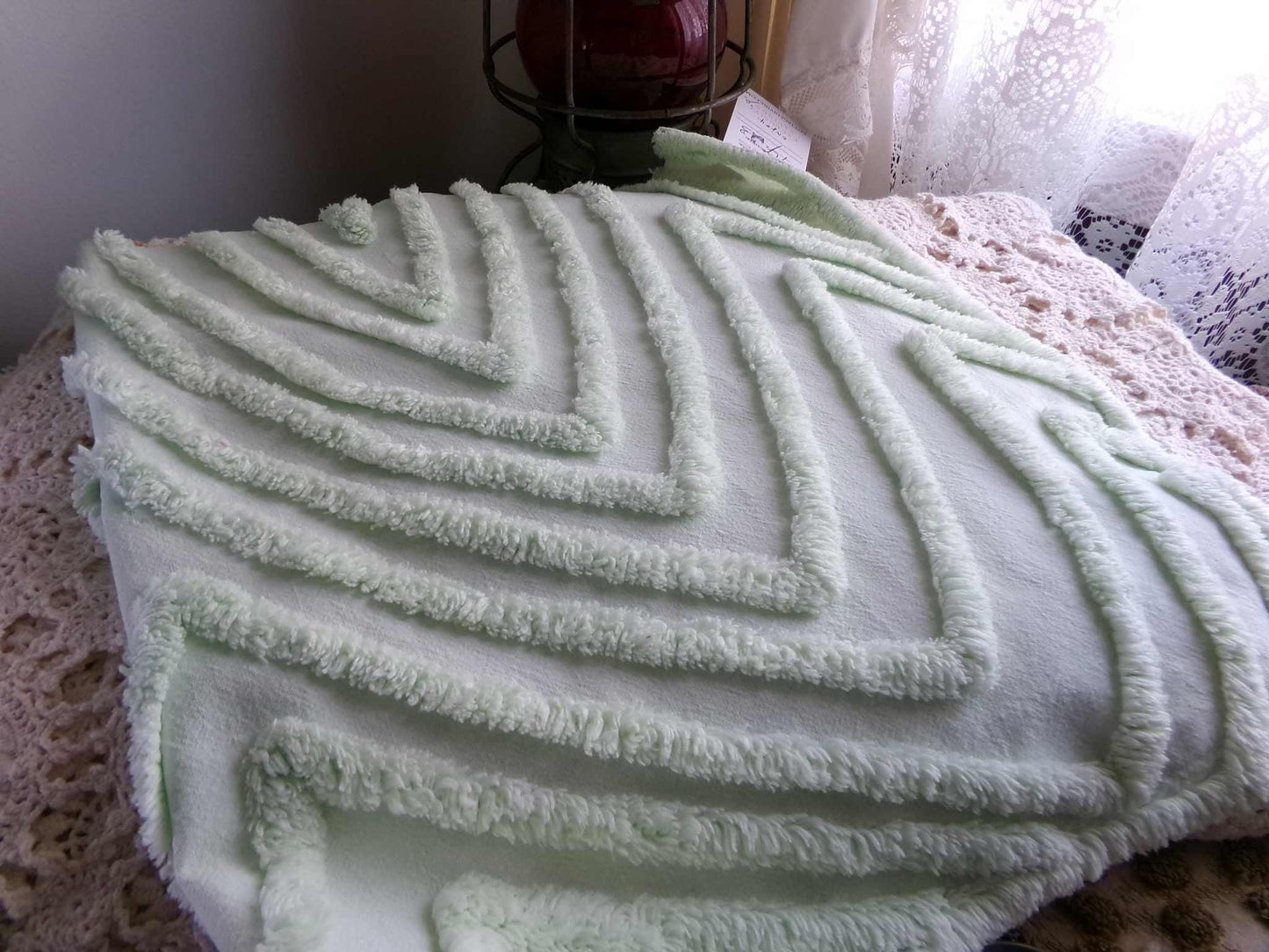 Mountain Peaks Vintage Chenille Fabric, Optic Green Design, 23" x 14" Inch Piece, Sewing Material for Quilts & Crafts
