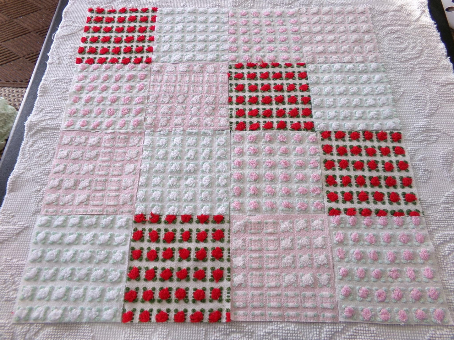 valentine rosebuds vintage chenille fabric squares, gorgeous medley of pink, red, white roses, set of 16 quilt blocks, 6" x 6" inch