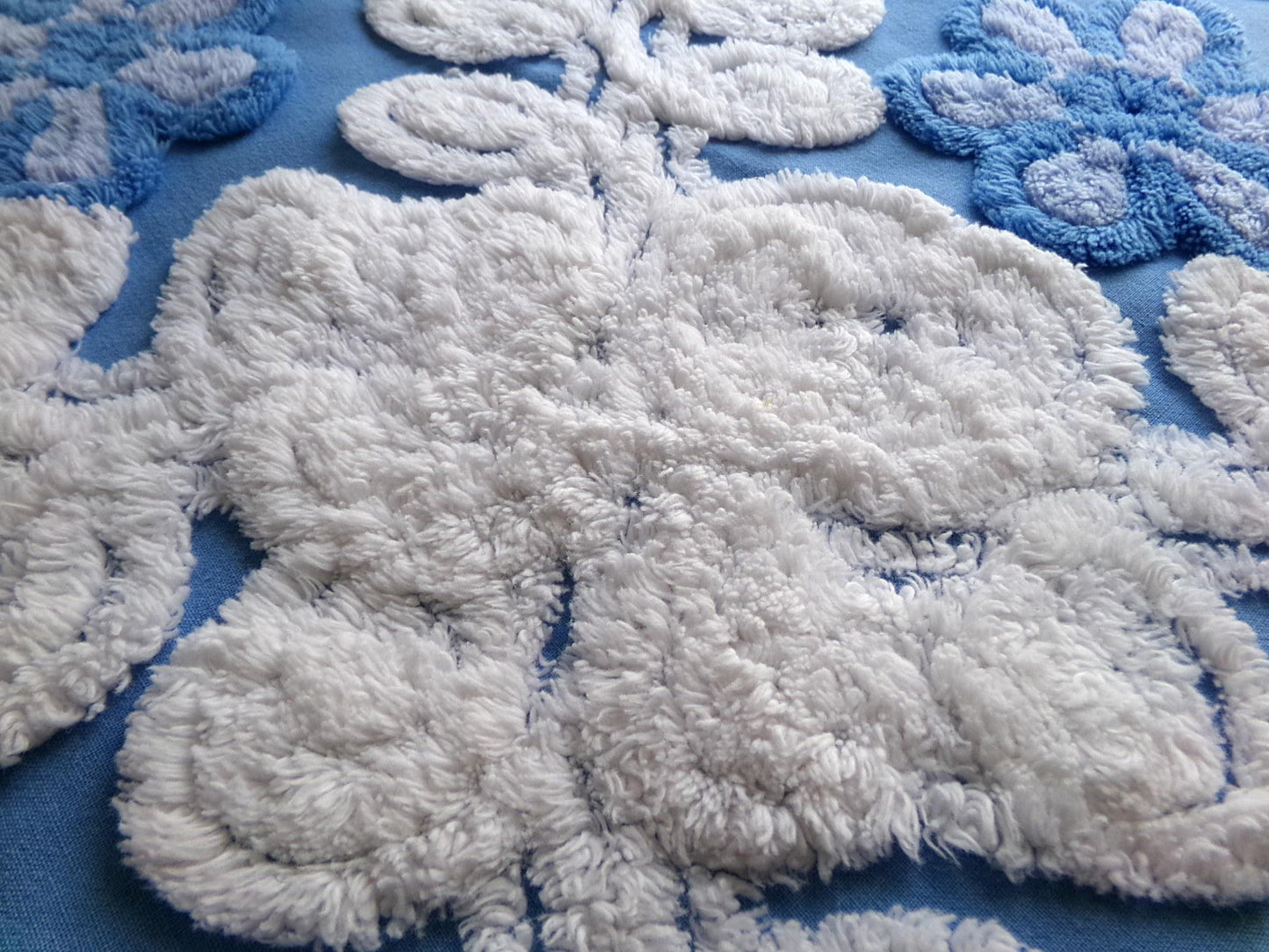 coastal cute blue chenille fabric, plush white swirls surround single flowers, 18" x 24" inch piece of vintage sewing material