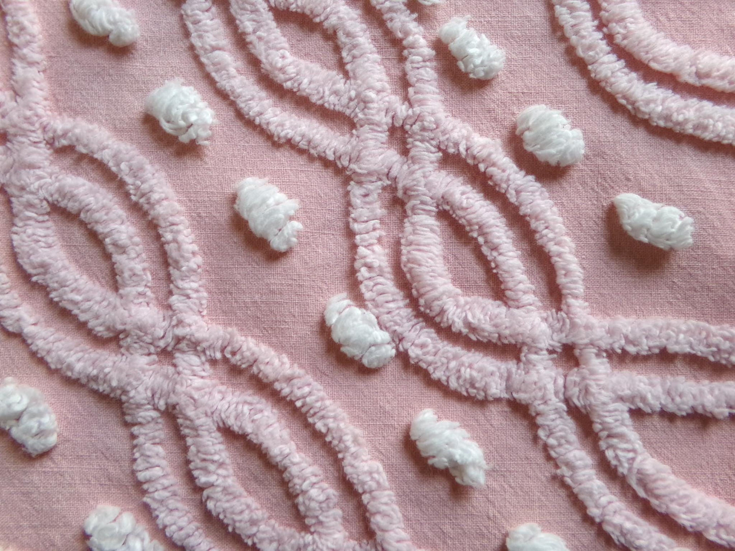 pink eternity link vintage chenille fabric, feminine romantic sewing material for quilts & pillows, 17" x 25" inch piece