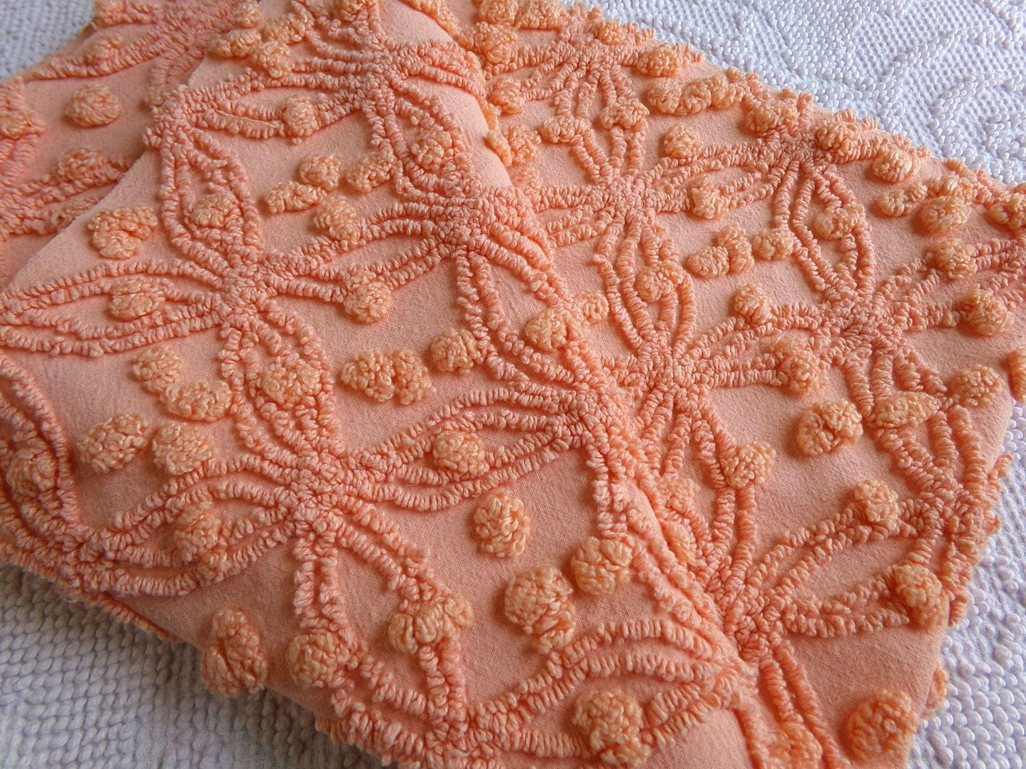 delicious peach vintage chenille fabric, 18" x 24" inch piece of cotton quilt & sewing material, overtufted pops wedding ring design