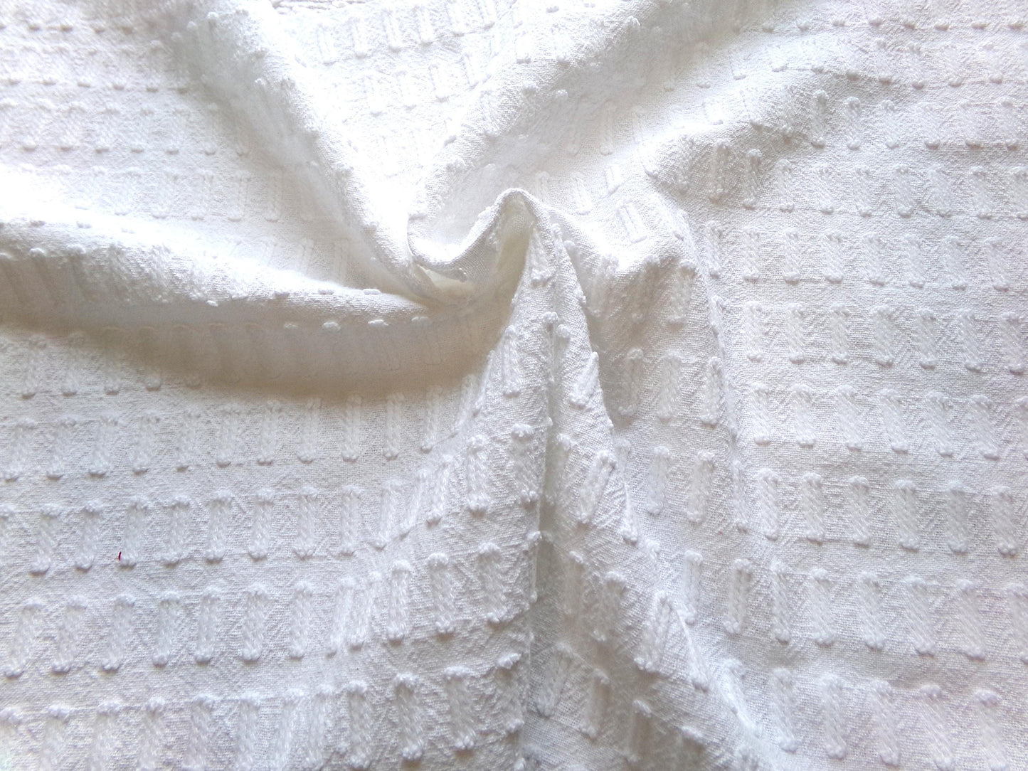 minimalist white vintage chenille fabric: buttonhole design, 18" x 24" cut piece sewing material