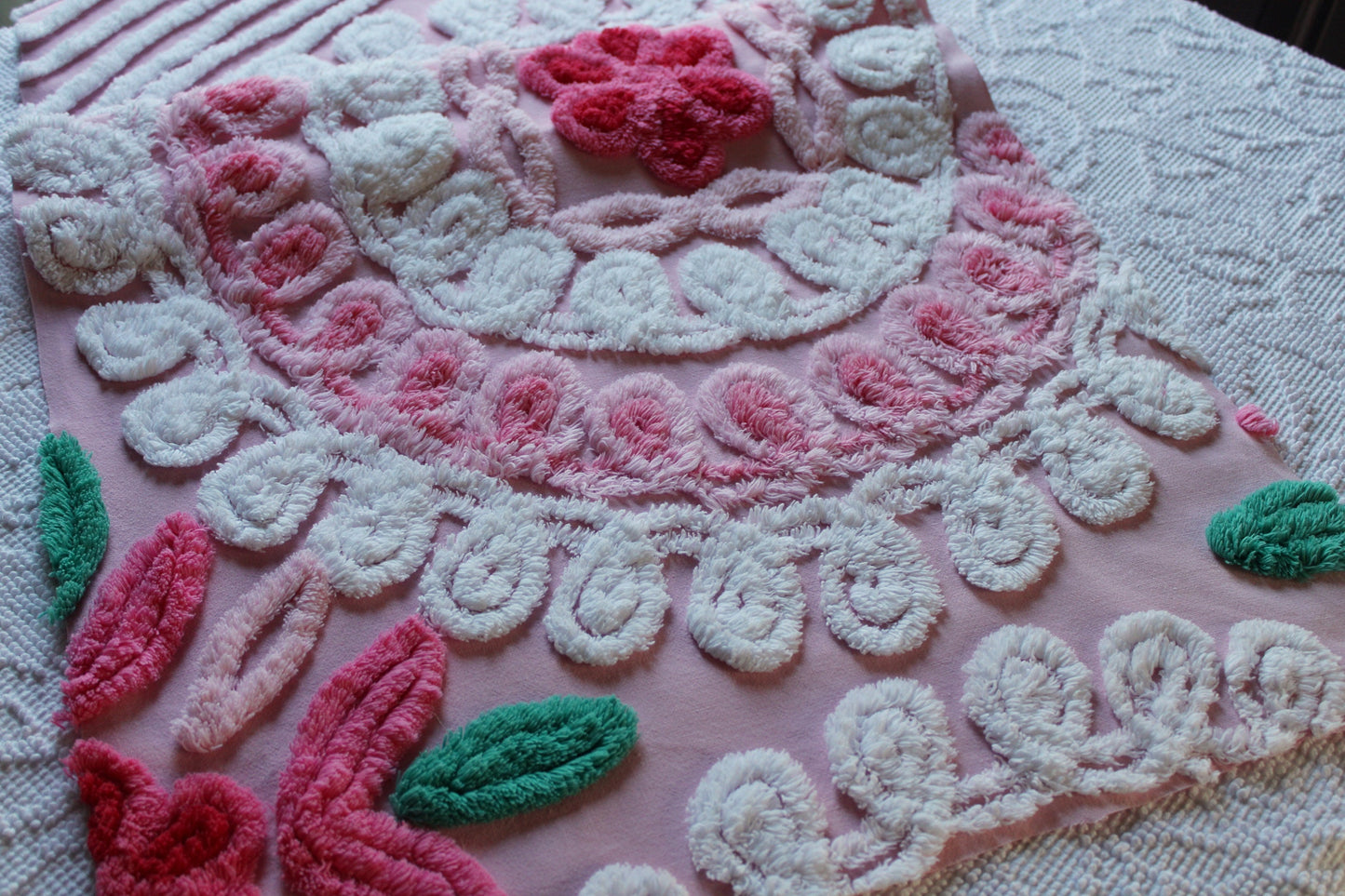 Yummy Strawberry Cake Vintage Chenille FABRIC, 32" x 17" Inch Piece, Swirls & Twirls of Frosted Tufts