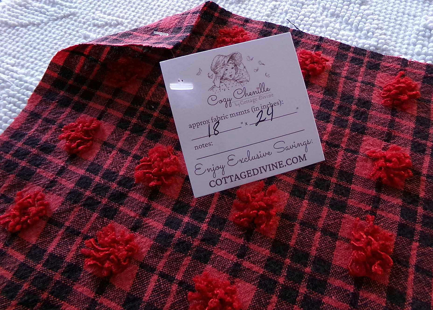 Midnight Black Tartan Plaid Vintage Chenille Bedspread Fabric, Tufted Deep Red Dots, 19" x 26" inch Piece, Lightweight Quilt Material