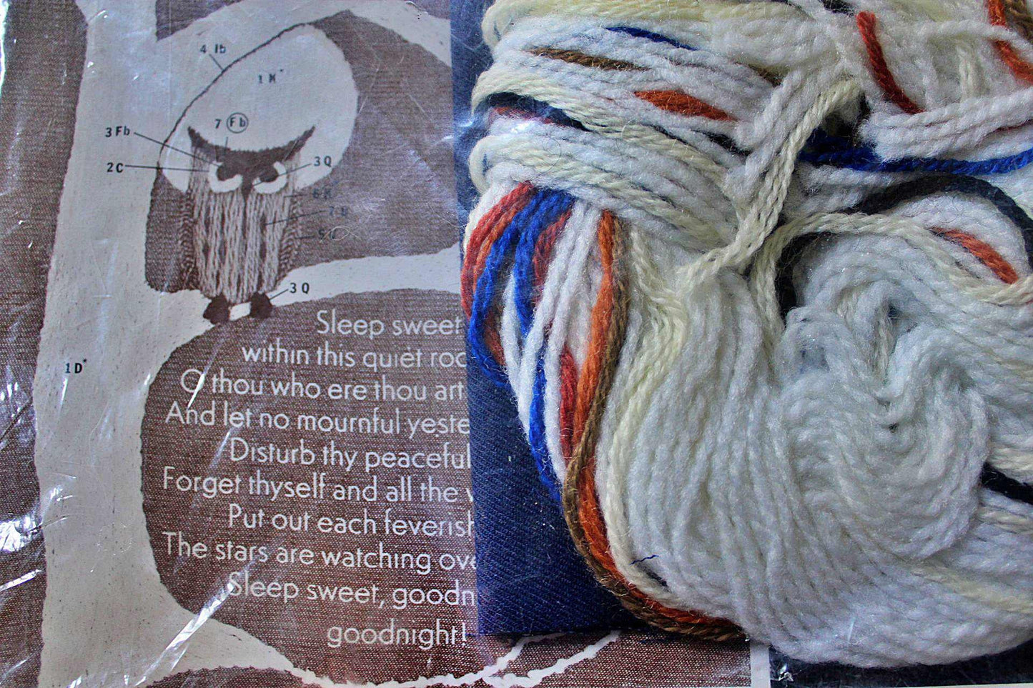 OWL GOODNIGHT Sampler ~ 1973 Erica Wilson Design, Vintage Columbia Minerva Creative CREWEL Embroidery Kit # 7303 ~ Cute Poem