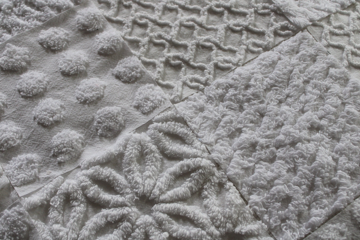 Fresh Snowfall Graceful White Chenille Quilt Squares Set, from Vintage Bedspread Fabric, 16 Blocks, 6" inch