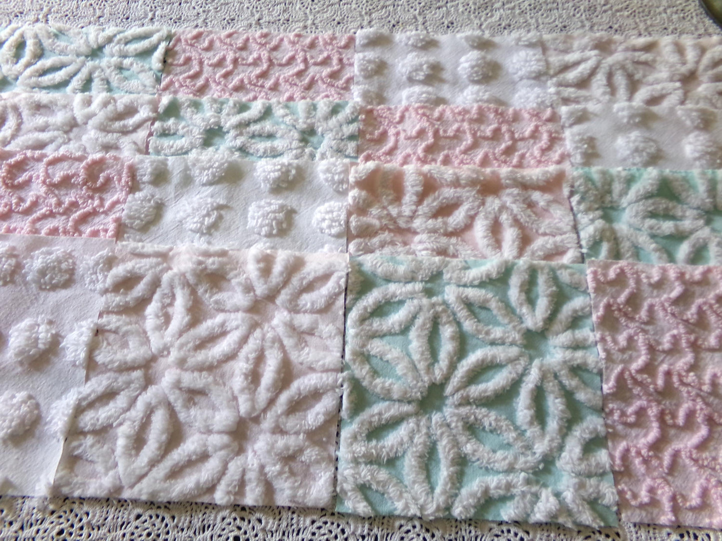 Beautiful Aqua & Pink Chenille Quilt Squares Set from Vintage Bedspread Fabric, 16 Blocks, 6" x 6" inch, Daisy, Squiggle, Polka Dot Patterns