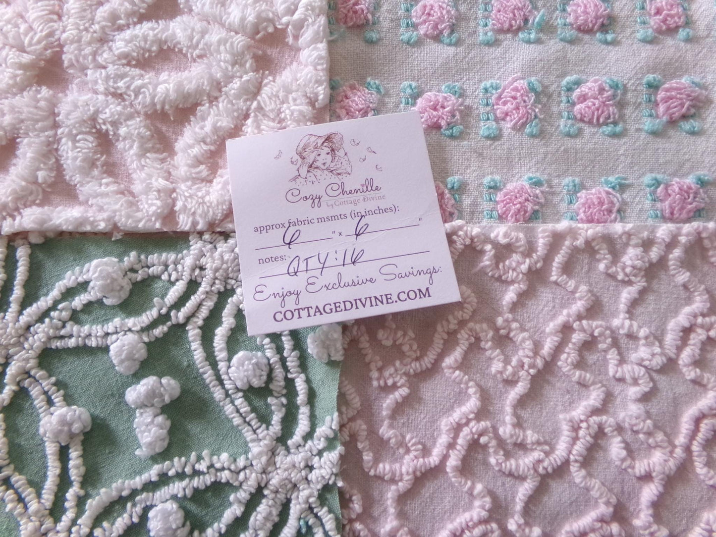 vintage chenille fabric quilt squares, "granny's garden" set of 16 blocks, 6" x 6" inch, pretty in rag quilts & patchwork pillows