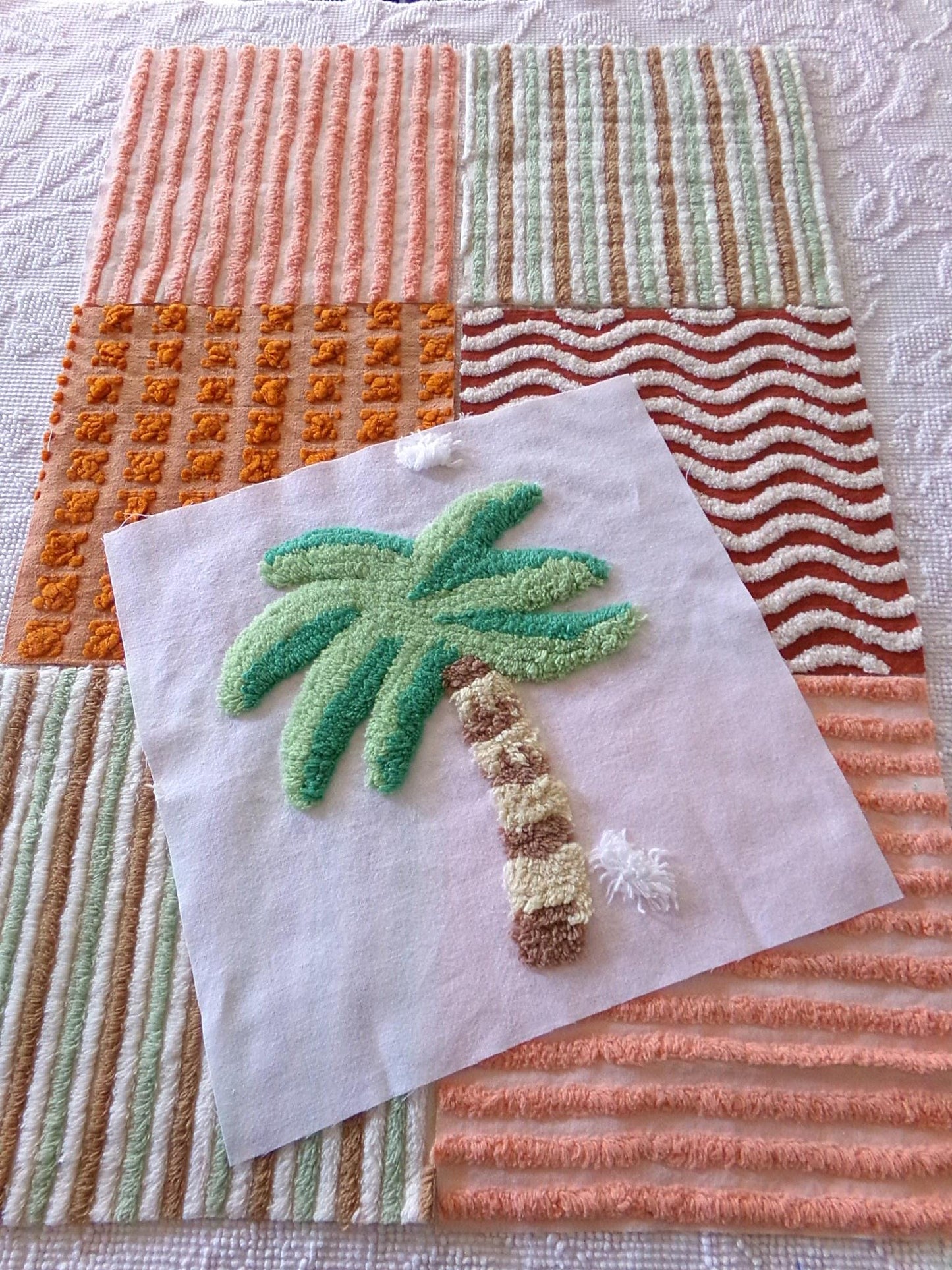 chenille fabric squares, set of 6 large 9.5" square quilt blocks and 1 palm tree 12.5" square, tropical fun & great texture