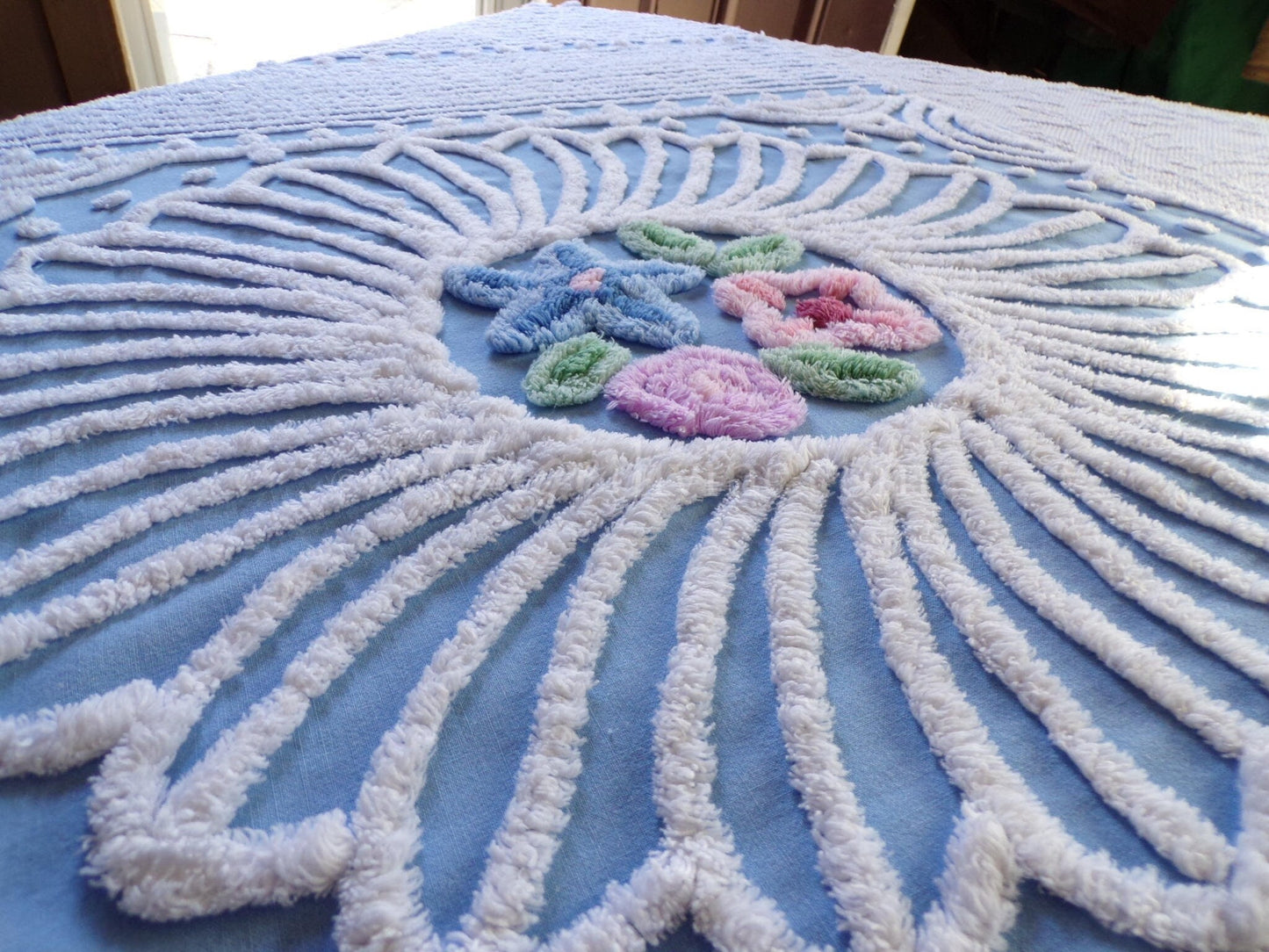 Beautiful Cottage Chic Doily Floral Vintage Chenille Fabric Piece, 25.5" x 38", for DIY Pillows & Quilts