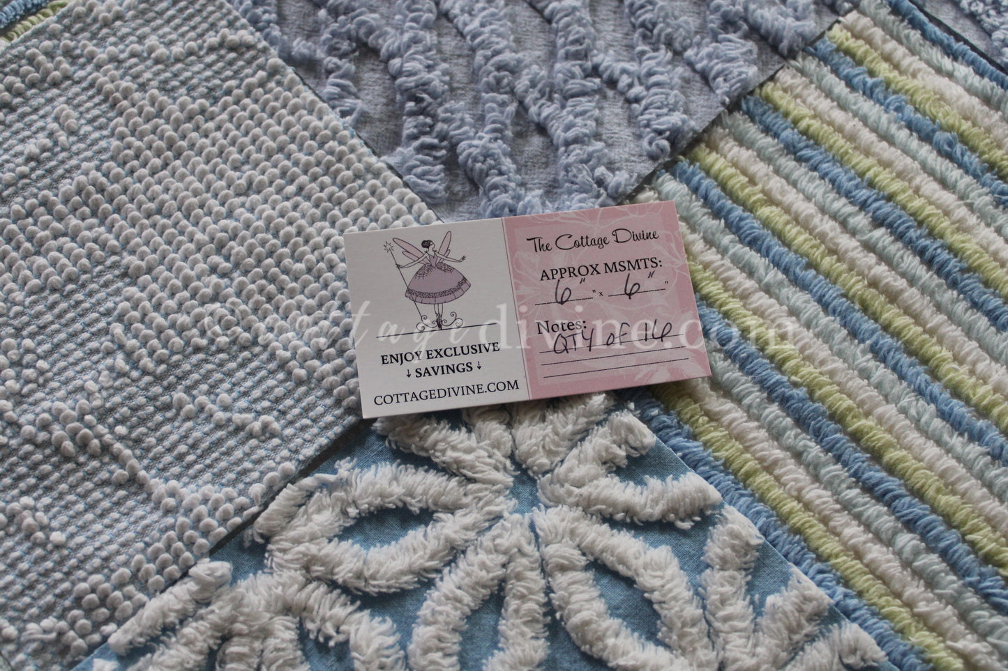 COOL COASTAL Chenille Quilt Squares Set, from Vintage Bedspread Fabric, 16 Blocks, 6" inch