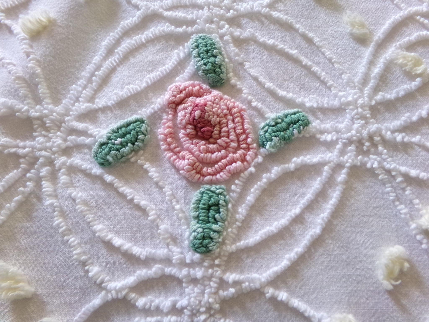 Shabby Cottage Rose Chenille Fabric, Vintage Thin Lightweight Cotton Sewing Material in Pink Florals on White, 21" x 26" inch Piece