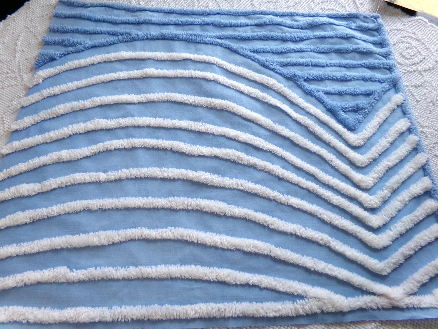 calm lake blue vintage chenille fabric, tranquil 18" x 21" piece of sewing material for quilting and crafts
