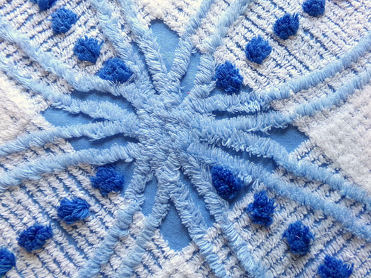 mystic coastal blue & white vintage chenille fabric, starburst geometric pattern, 22" x 23" inch piece of unique cotton sewing material