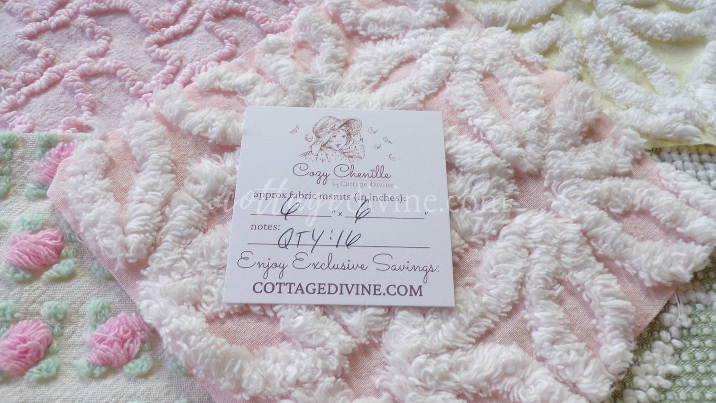 Fresh Flowers Chenille Quilt Squares Set from Vintage Bedspread Fabric, 17 Blocks, 6" x 6" inch