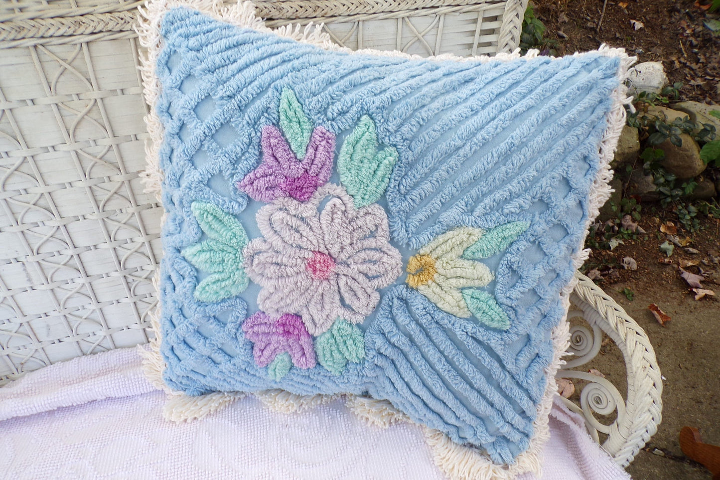 Cottage Blue Floral Chenille Pillow Cover 17" x 17" inch Square, REVERSIBLE Accent Fringe Pillow from Vintage Chenille Bedspread Fabric