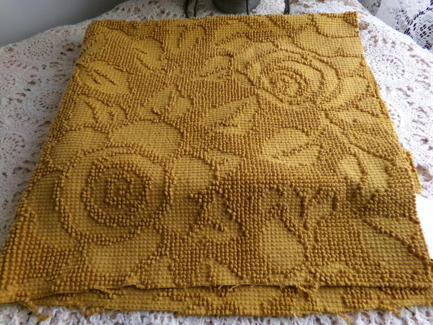 boho rose hobnail chenille fabric, vintage saturated retro harvest gold woven sewing material with pom pom trim 20" x 24" inch reversible pc