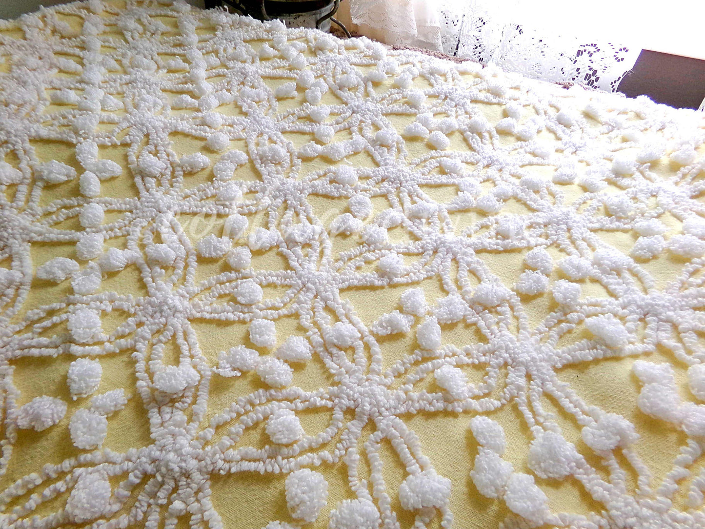 Sunny Yellow Vintage Chenille Fabric, White Geometric Wedding Ring & Pop Design, 20" x 24" Inch Piece, Popular in Handmade Quilts