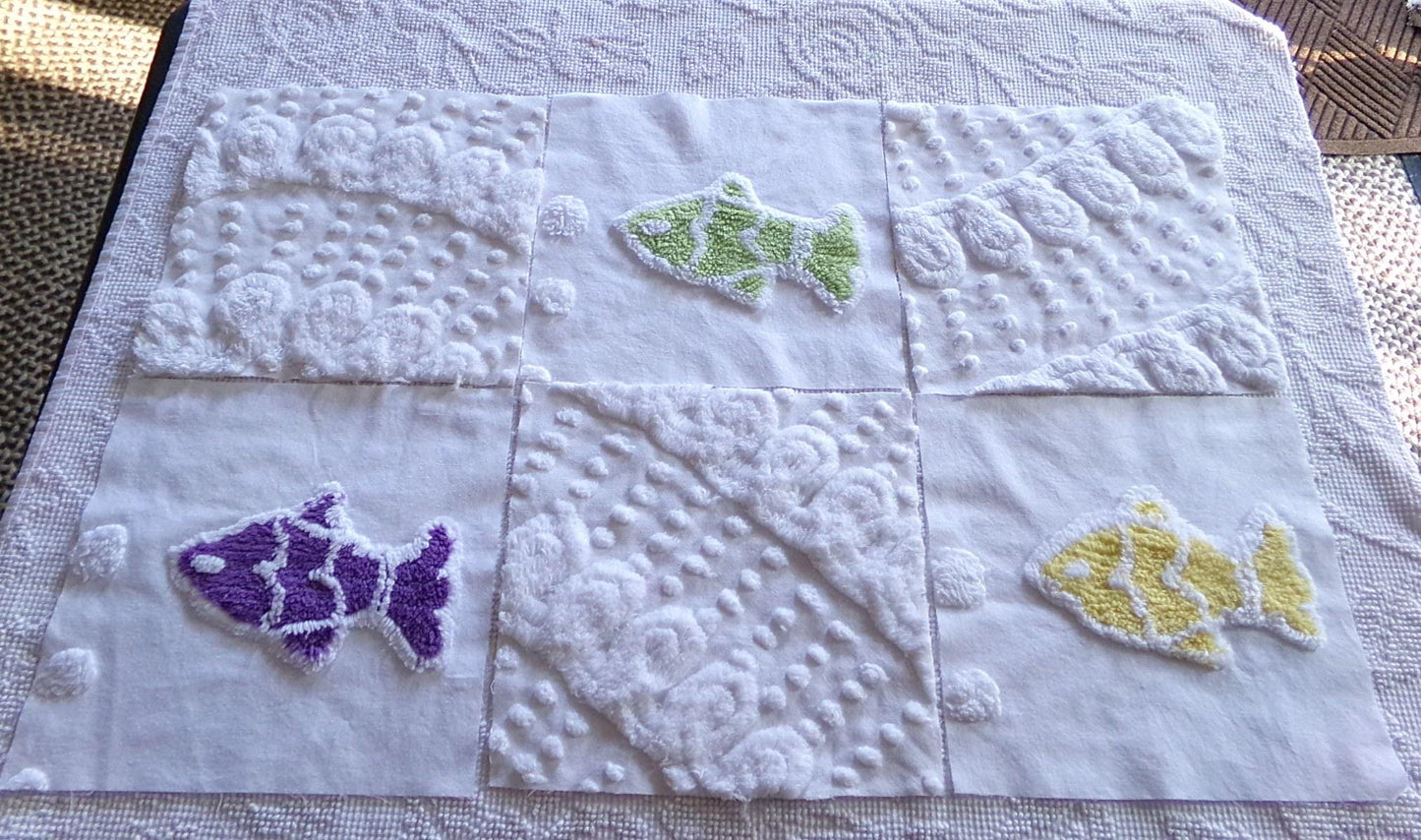 school of fish chenille fabric squares, set of 6 large 9.5" square quilt blocks, fun fishies & plush white swirl dots