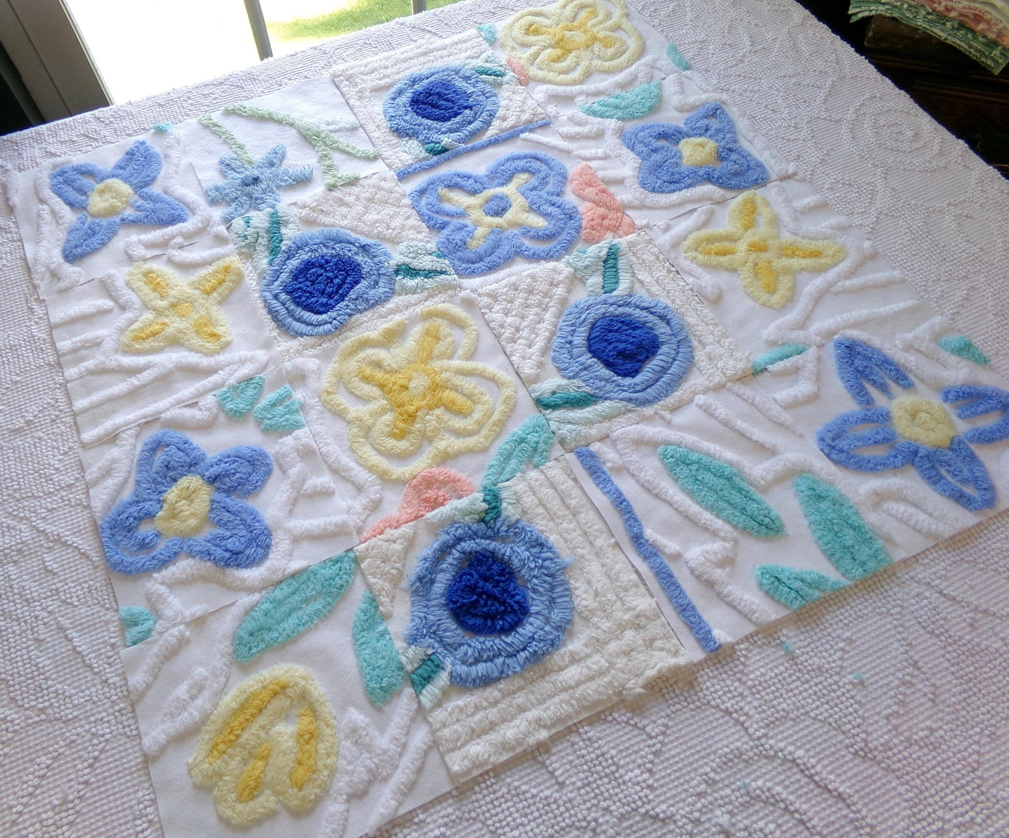 vintage 6" chenille fabric squares, set of 16 quilt blocks, blooming blue flowers