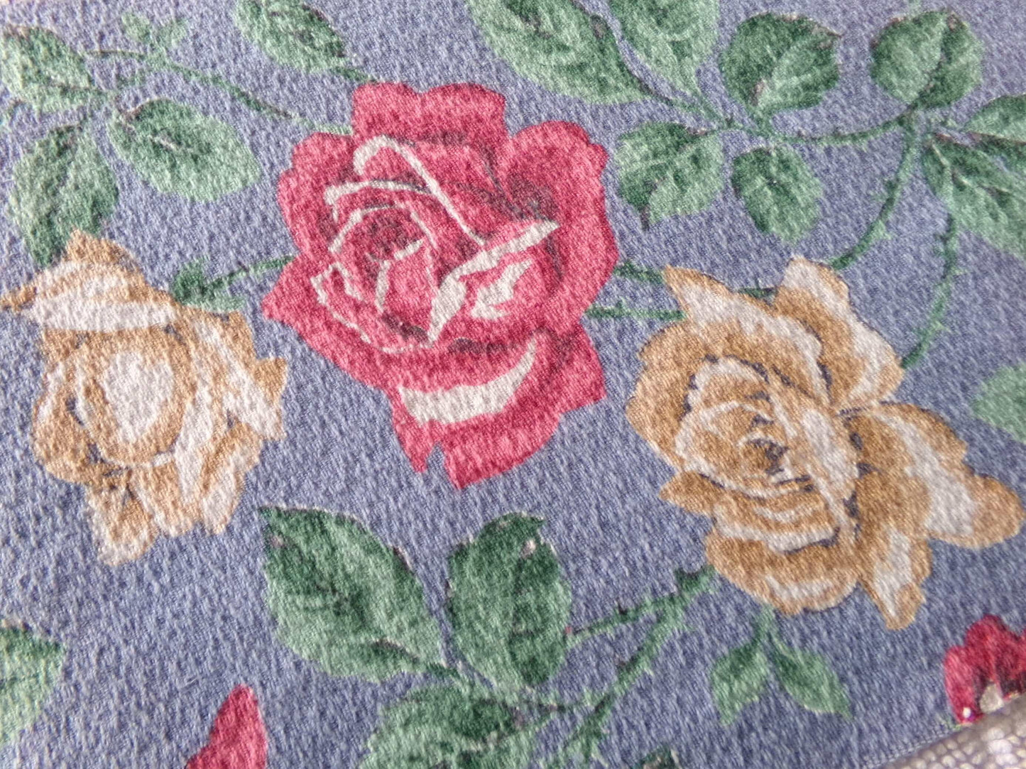 shabby chic rose barkcloth fabric, lovely floral blooms on blue, 27" x 16" inch piece, great vintage sewing material for pillows