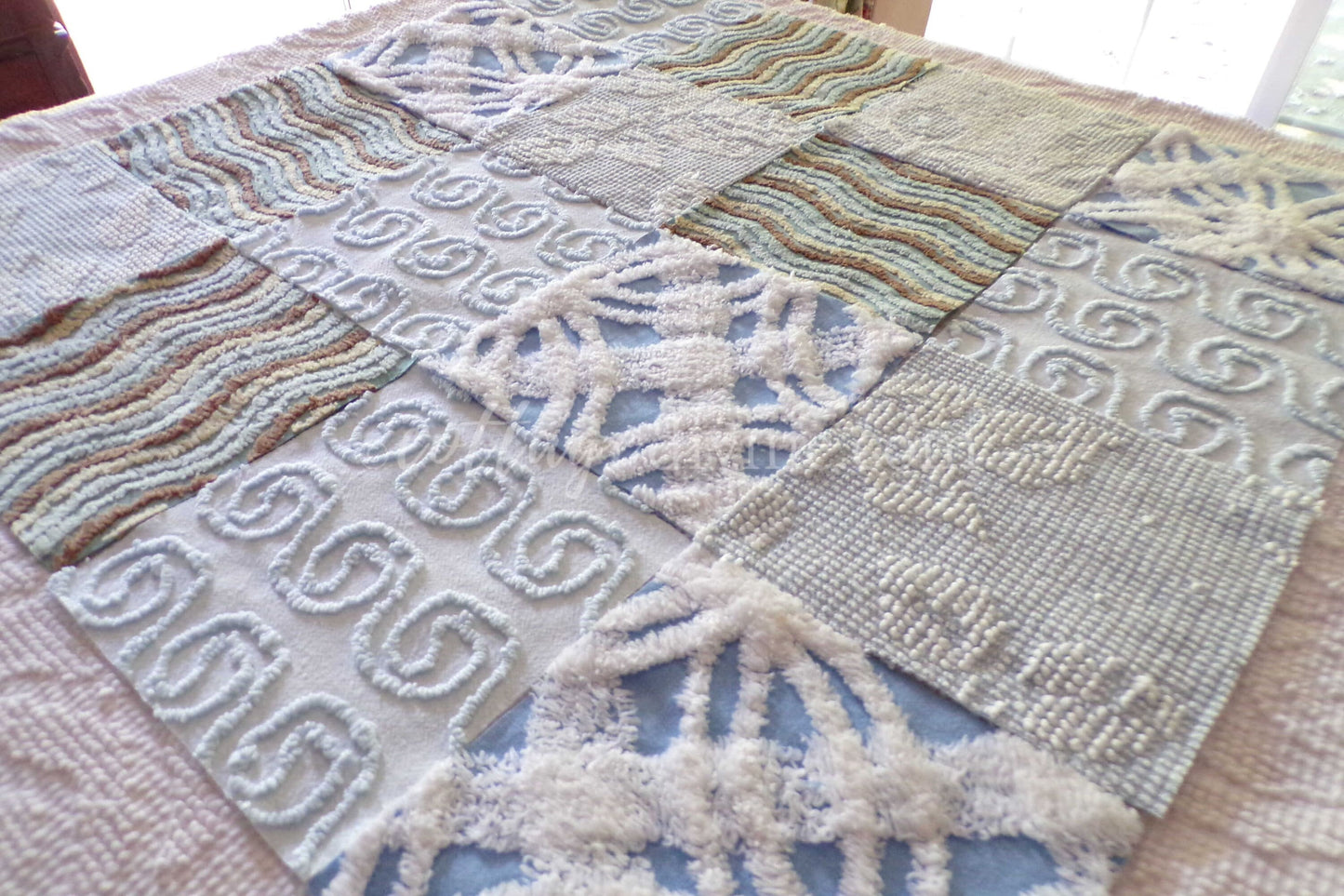 Breezy Blues Fabric Squares from Vintage Chenille Bedspread Fabrics, 17 Blocks Set, 6" x 6" inch, for Slow Stitching, Junk Journals, Quilt