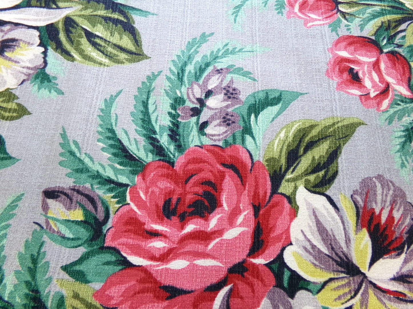Botanical Vintage Barkcloth Fabric, Tropical Exotic Floral Print on Silvery Grey, 22" x 23" inches, Ideal Fabric Piece for Pillows