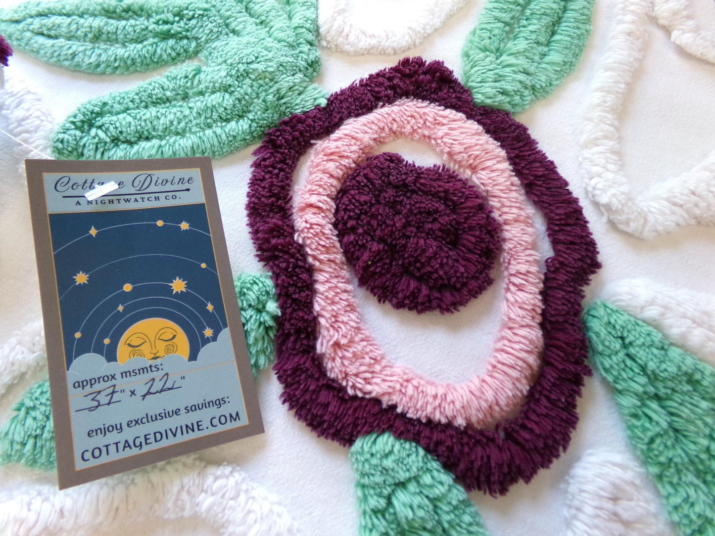 Berry Mauve Blooms Vintage Chenille Fabric, Large 22" x 37" Piece of Plush Swirl White Cotton Sewing Material Upcycle into Quilts & Crafts