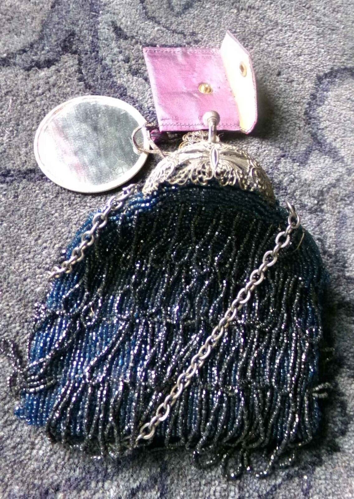 Antique Micro Bead Bag Carnival Glass Purse Vintage Victorian Fancy Clasp Top